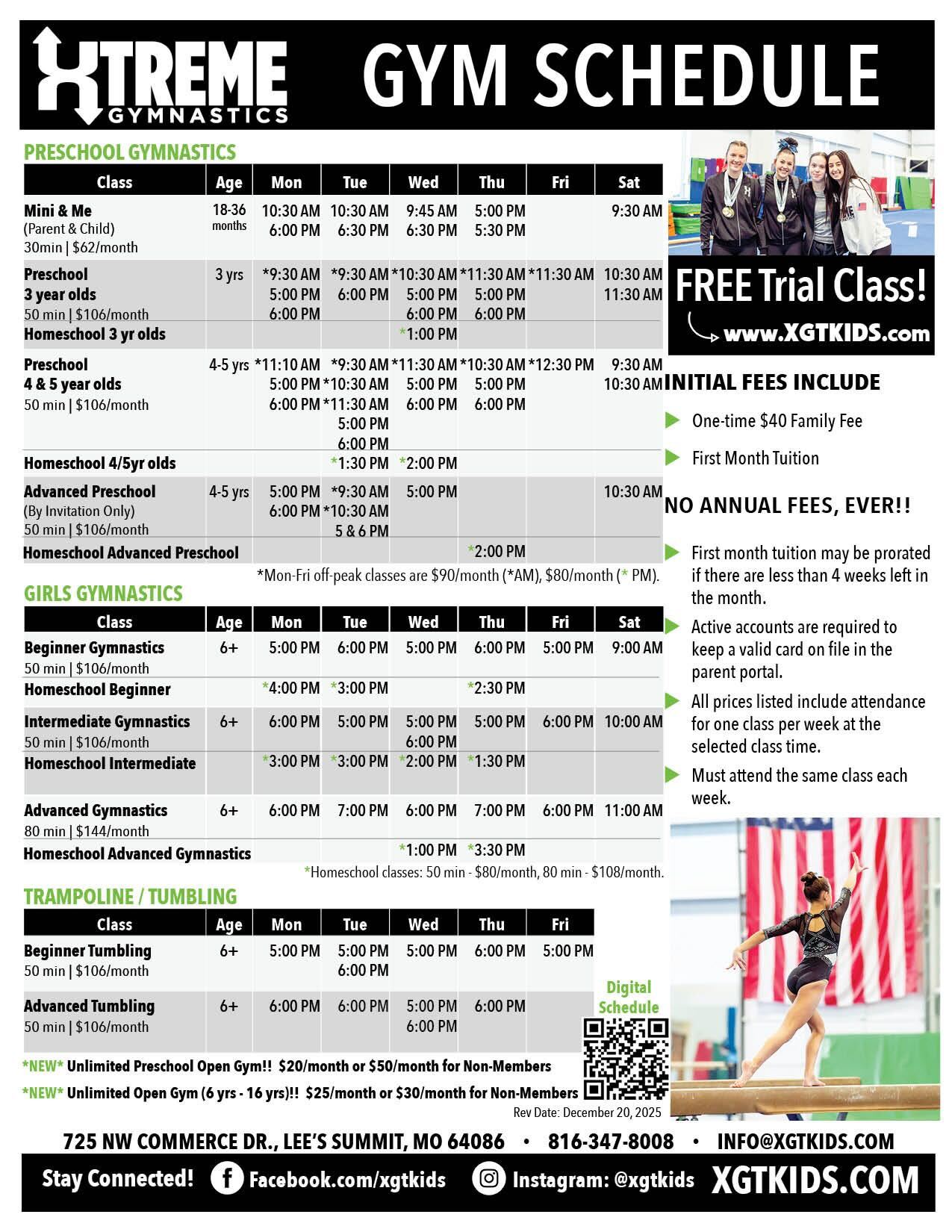 Schedule of classes at Xtreme Gymnastics